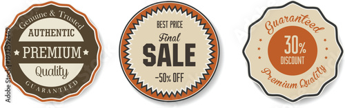A set of three vintage-style sale and premium quality stickers