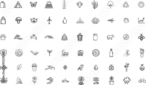 Minimal Ecology Line Icons Collection Isolated on Transparent Background – Environmental Protection and Sustainable Living Symbols