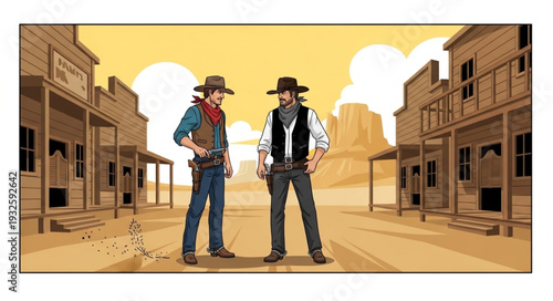 Two cowboys stand ready for a showdown in the wild west town, guns drawn.