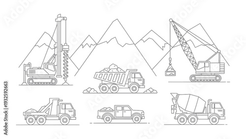 Construction Machines Illustration: A collection of various construction machines, each uniquely designed for specific tasks.