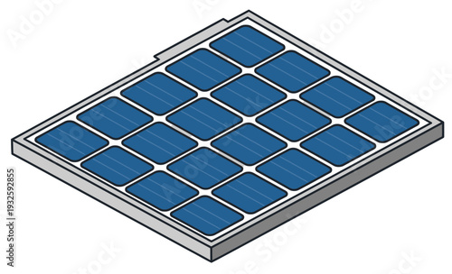 Isometric view of a single solar panel with multiple blue photovoltaic cells in a grid pattern.