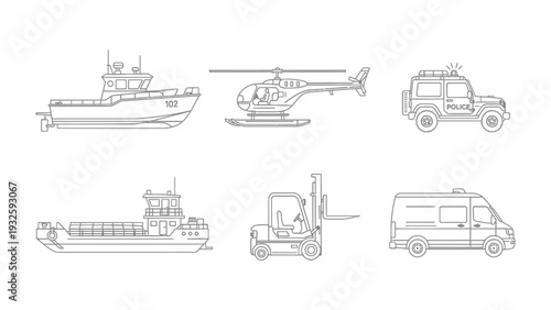 Transportation Vehicles in Outline: A detailed collection of transportation vehicles including ship, helicopter, police car, lorry, forklift and ambulance are rendered in a clean, crisp outline style.