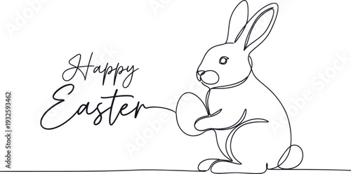 A simple line drawing of a rabbit holding an Easter egg with the words Happy Easter written next to it.