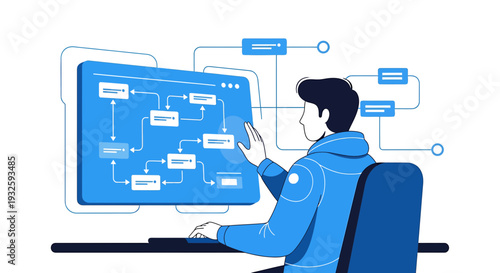Man working on a complex flowchart on a computer screen, digital process visualization