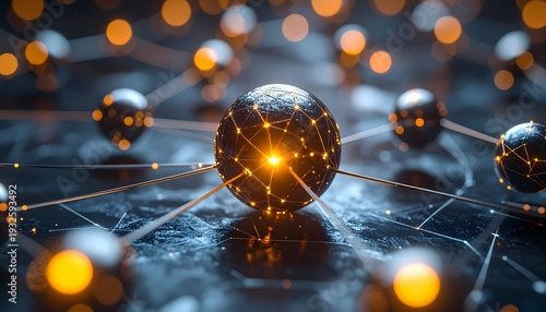 Interconnected Network of Spheres with Glowing Connections and Bokeh.
