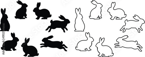 A collection of black and white rabbit silhouettes in various poses on a plain background