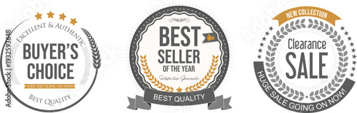 Three promotional seals for best seller, buyer choice, and clearance sale