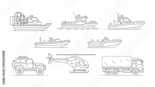 Transportation Vector: An illustration showcases a variety of transportation modes, each meticulously outlined with clean lines, representing diversity of transport