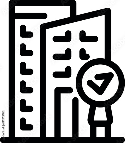 Checkmark symbol over building represents successful inspection, approval, and adherence to regulations in architecture and construction