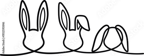 A minimalist line drawing of three rabbit heads with ears in a simple and elegant style.