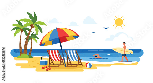 Vector illustration of a beach scene with palm trees, sun, and surfer