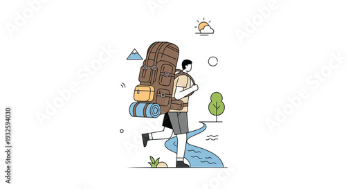 Vector illustration of a hiker with backpack and travel icons