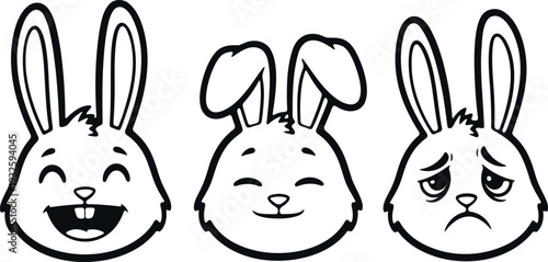 Three cartoon rabbits with different facial expressions on a white background