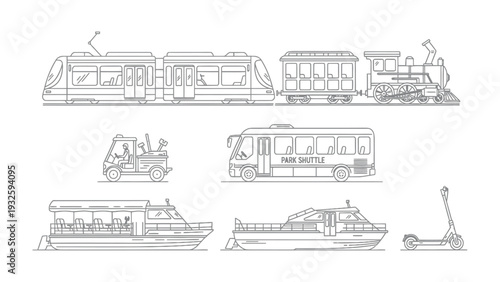 Transportation Collection: A comprehensive assembly of diverse transport modes, illustrated in a clean, minimal design, perfect for projects focused on mobility and conveyance.