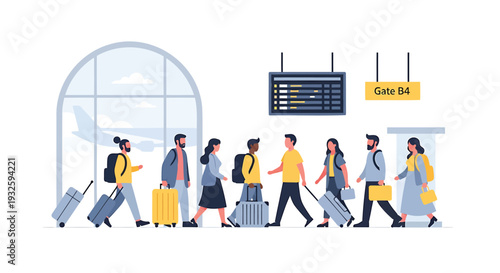 Set of 8 people walking with luggage at airport gate vector