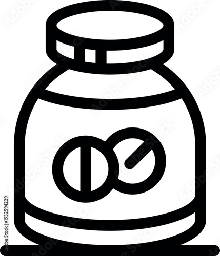 Black and white line art vector icon of a medicine bottle containing two pills, one split and one whole