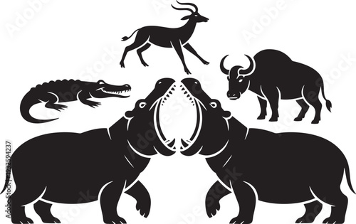 African safari animals fighting and standing in silhouette against gray background