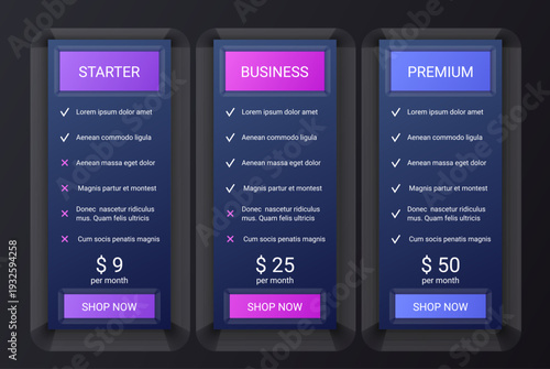 Price table template. Pricing chart grid. Comparison data plans. Spreadsheet page with 3 columns. Checklist compare tariff banner. Dark theme. Vector illustration. Subscriptions with options.