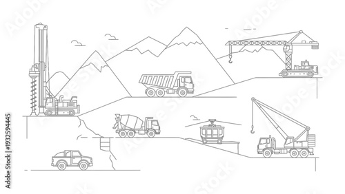 Construction Site Overview: A schematic representation of an active construction site, showcasing a variety of heavy machinery and vehicles involved in infrastructure development.