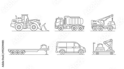 Construction Vehicles Line-Up: An assortment of construction vehicles. Showcasing a diverse array of work trucks. Including a powerful bulldozer, tanker truck, crane truck, a flatbed trailer.