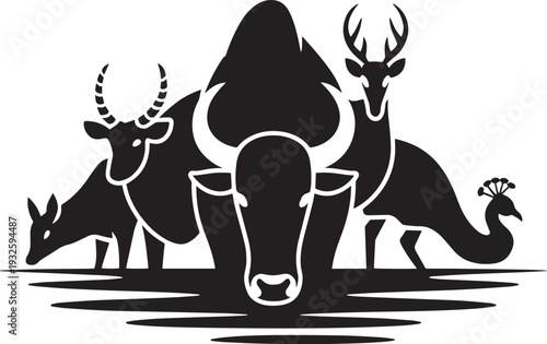 African wildlife group silhouette featuring buffalo deer and peacock in nature composition