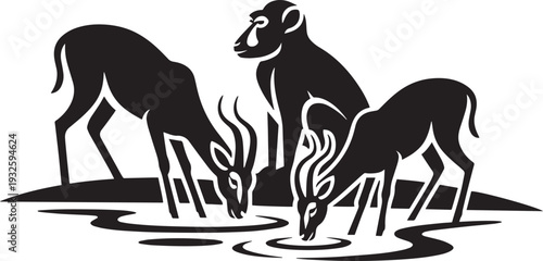 Antelopes and baboon at watering hole silhouette design isolated on transparent background