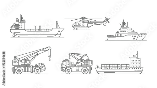 Maritime Fleet: A collection of various maritime transport vehicles, including a cargo ship, helicopter, and more, presented in a minimalist, detailed line-art style. 