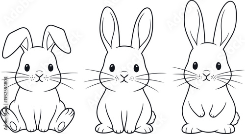 A black and white illustration of three cute rabbits sitting in a row with different ear positions.