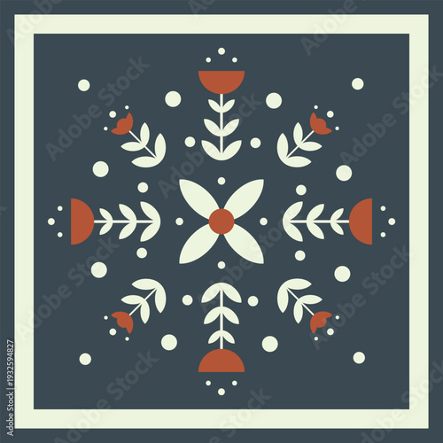 Scandinavian Folk Art Floral Pattern, Minimalist Nordic Ornament with Flowers and Leaves on Dark Background