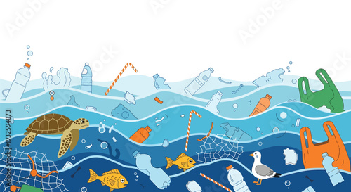 Vector illustration of ocean pollution with sea creatures