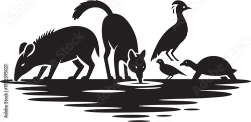 Black silhouette illustration of diverse wild animals drinking water from natural lake pond