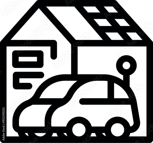 Self driving vehicle parking automatically in a modern smart garage equipped with solar panels