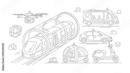 Future Transportation Innovation: A futuristic design showcases a variety of cutting-edge transportation modes, representing innovation and the evolution of mobility in the modern world.