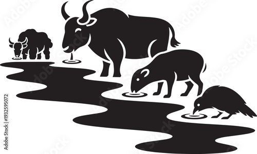 Black silhouette illustration of yak buffalo and bird drinking water from river in nature