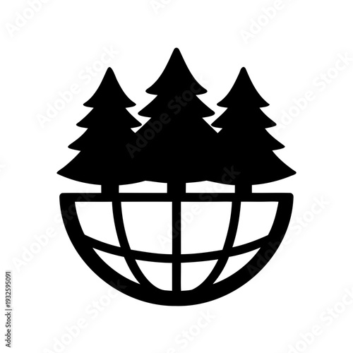 Global reforestation icon with three coniferous trees above a stylized earth