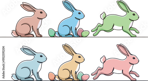 A colorful illustration of six cartoon bunnies in different poses with Easter eggs on a white background