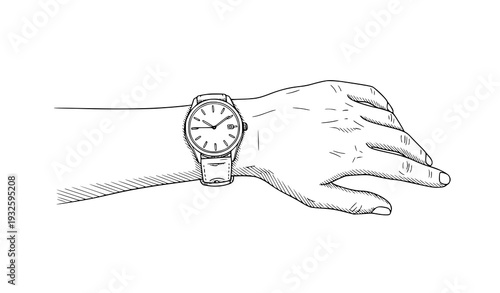 Hand wearing wristwatch hand drawn vector illustration
