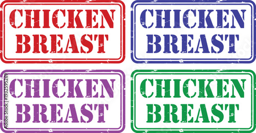 A colorful set of chicken breast labels in different colors and fonts on a white background