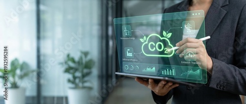 Innovative co2 monitoring action corporate office digital interface modern workspace close-up view sustainability concept for effective environmental management