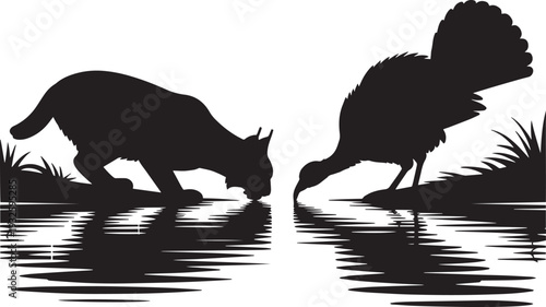 Bobcat and turkey drinking water together with reflection stylized wildlife scene