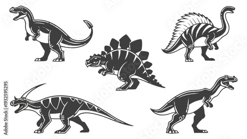 Prehistoric Dinosaurs Vector Set Black and White Illustration