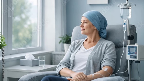 A patient receiving chemotherapy treatment in a hospital infusion room. Concept of oncology care, recovery, resilience, hope, and modern healthcare treatment.