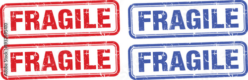 A set of fragile stamps in red and blue colors for labeling delicate items