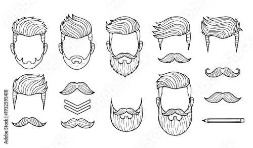 Minimal hipster men’s hairstyles and beards line art vector illustration