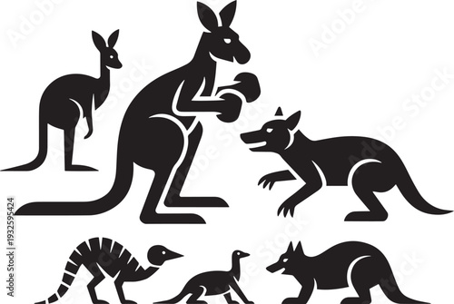 Boxing kangaroo and other Australian animals silhouettes on grey background