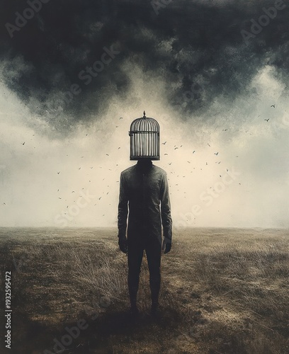 solitary silhouette standing in a desolate field with a birdcage over the head, stormy dark sky and circling birds evoking isolation and eerie confinement