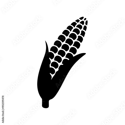 Black silhouette of an ear of corn with husk and kernels illustration