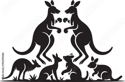 Boxing kangaroo silhouette vector art with joey animals in outback australian environment