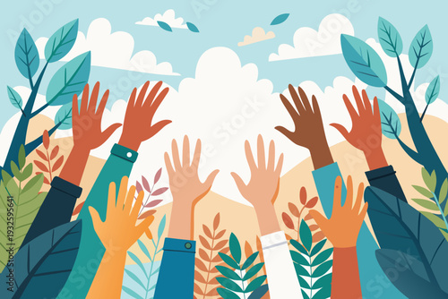 Diverse Raised Hands – Unity, Community and Support Concept