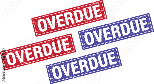 A set of colorful overdue stamps on a white background